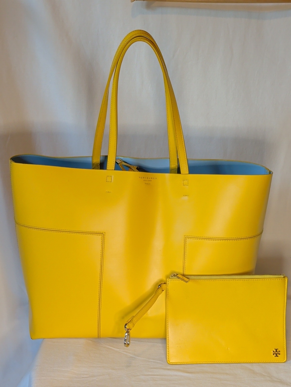 Tory Burch Yellow Leather Tote with Blue Interior and Wristlet